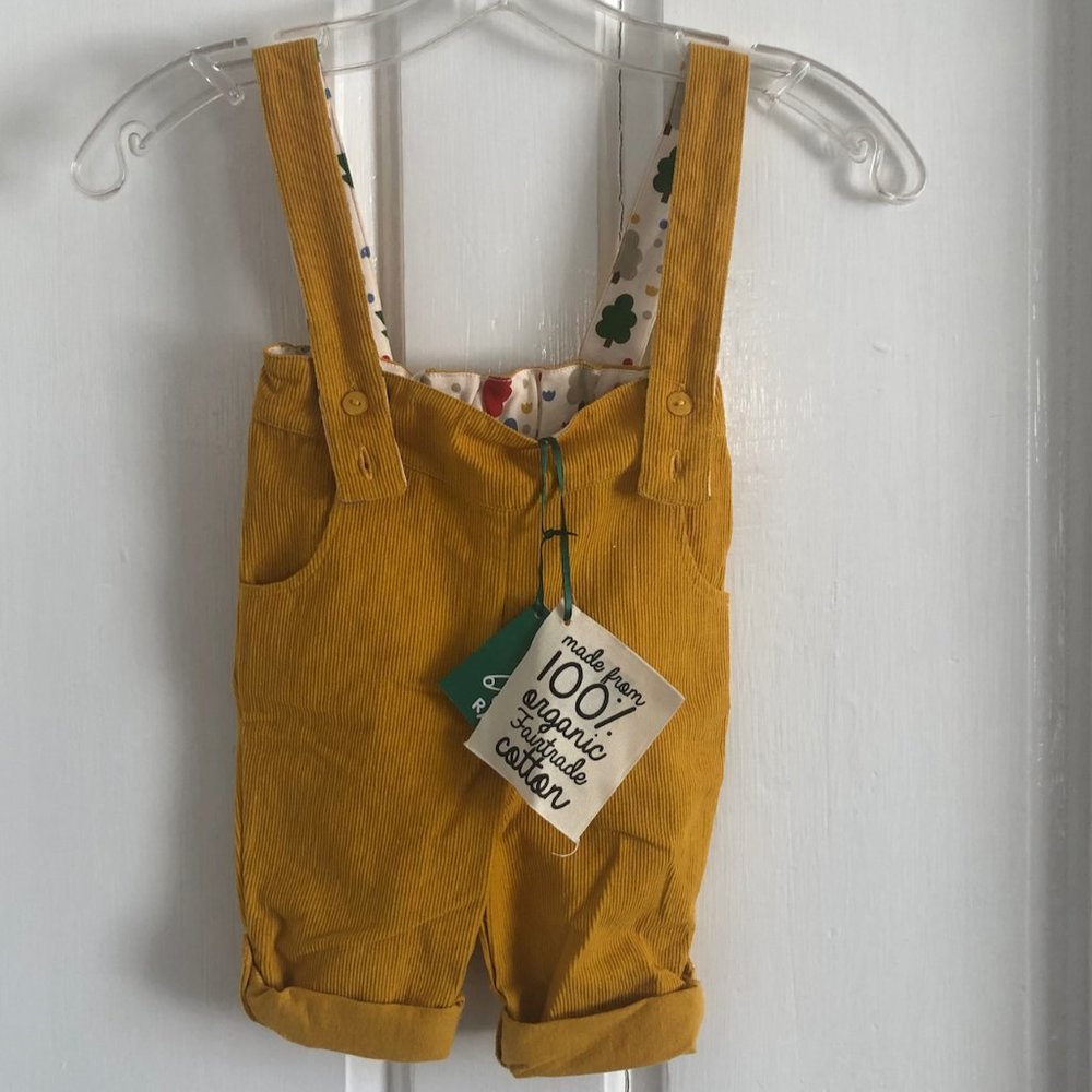 NWT Little Green Radicals gold corduroy dungaree/overall. 9m-12m